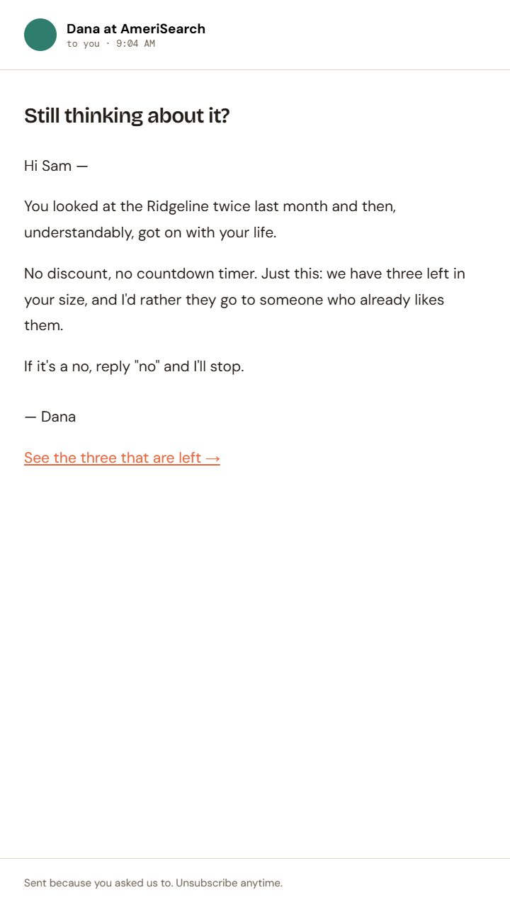 Plain-text win-back email